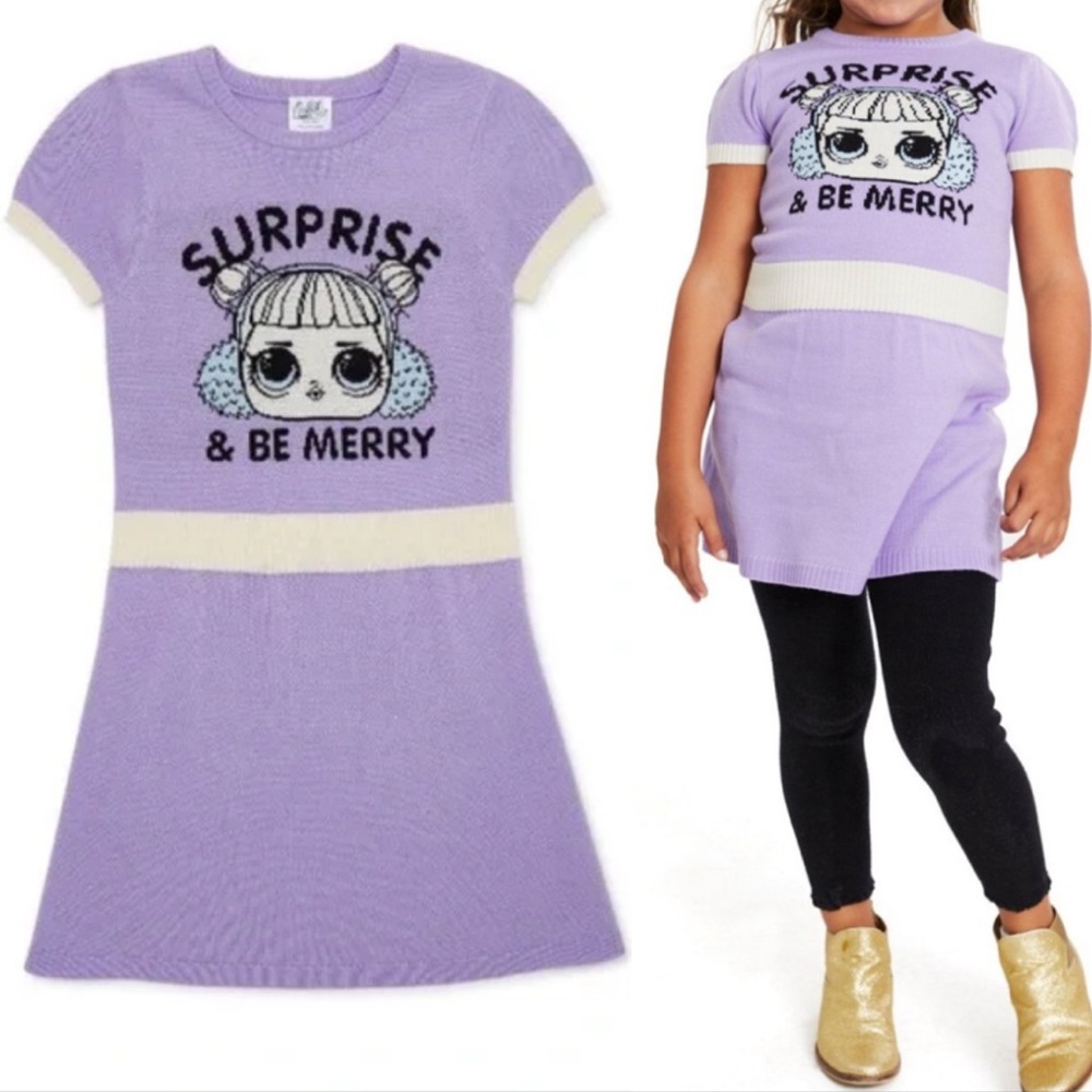 LOL Surprise! & Be Merry girl’s purple knit short sleeve sweater dress medium